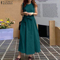 ZANZEA สไตล์เกาหลีเสื้อฤดูร้อนสตรีแขนกุด Belted ยาวผ้าฝ้าย Tank Sundress828