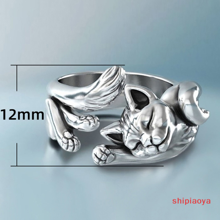 shipiaoya-แหวนแมววินเทจน่ารักเครื่องประดับผู้หญิงอินเทรนด์ของขวัญแหวนแบบปรับขนาดได้อุปกรณ์งานปาร์ตี้