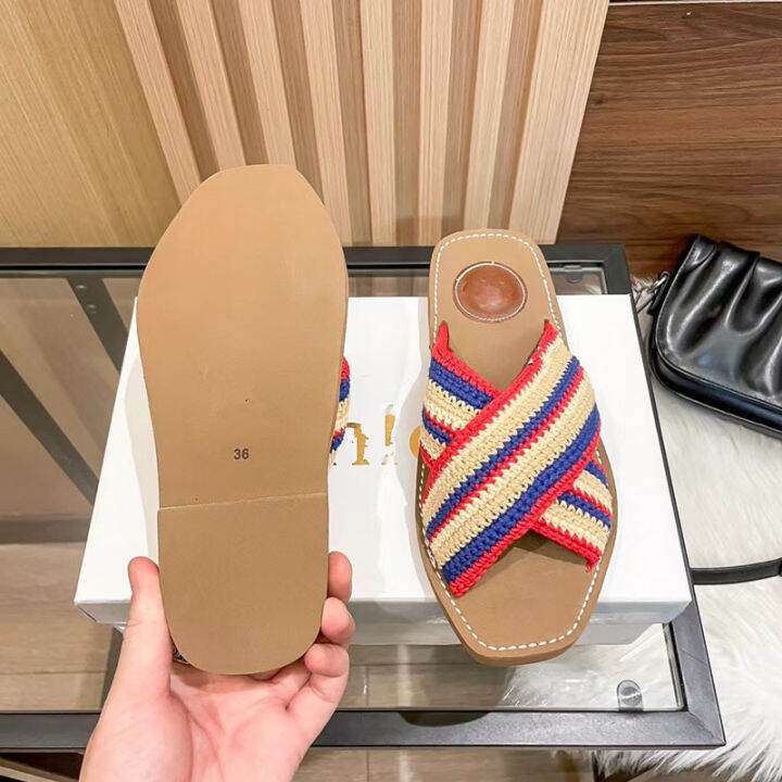 original-label-cross-band-color-matching-woven-flat-bottom-slippers-casual-cross-band-open-toe-slippers-beach-sandals