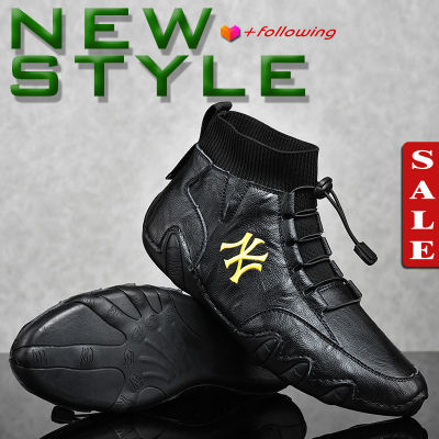 Men Outdoor Light Ankle Anti-slip Shoes Trendy Peas Casual Leather Shoes Driving Shoes Leather Leisure High-Top Mens Shoes Martin Boots Male