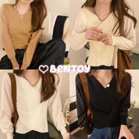 Smallgirl *พร้อมส่ง*เสื้อยืดไหมพรมแขนยาวแขนตุ๊กตาคอวีแต่งกระตุมข้างๆNO.8731-1