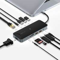 13ใน1 MST USB C ฮับ Type-C ไปยัง Dual 4K HDMI-Comptiable VGA อะแดปเตอร์อีเทอร์เน็ต Gigabit ที่ชาร์จแบบไร้สายได้อย่างรวดเร็วแท่นวางมือถือ