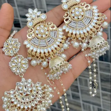 Efulgenz Indian Jewelry Maang Tikka Earrings Set Crystal Kundan Stone Head  Chain Chandbali Dangle Earrings Jewelry Set for Women, Peach Color -  Walmart.com