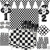 ✖ Black White Checkered Racing Birthday Party Favor Flag Plates Cups Napkins Number Balloon Set Candy Bags Race Car Boy Home Decor