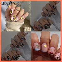 LIBERTY เล็บปลอมแบบกดเล็บปลอม24ชิ้นเล็บสีเหลืองสายสีดำไม่สมมาตรเสือดาวเสือดาวแบบฝรั่งเศสฤดูร้อนชายหาดทรงสี่เหลี่ยมยาว