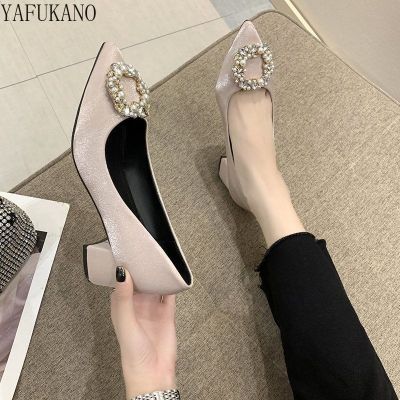 Thick High Heels Shoes Luxury Women Wedding Pumps Pointed Toe Work Shoes Slip On High Heels Spring Footwear Big Size 42 43 Nude