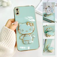 For iPhone XS Max Mobile Phone Case Fashion Temperament Plating TPU Advanced Rotary Stand Makeup Mirror Hello Kitty Folding Mirror Stand Net Red New Couple Gift Soft Touch Anti slip Anti fall Protective Case