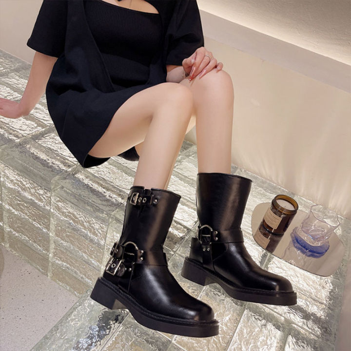 renben-รองเท้าบูท-martin-ส้นหนาสีดำเรียบง่ายของผู้หญิงรองเท้าบูทอัศวินส้นหนาสไตล์อังกฤษ-sepatu-boot-pendek-ระเบิดได้