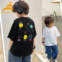 2023ร้าน Annn เสื้อผ้าเด็กแบรนด์อินเทรนด์ใหม่สำหรับฤดูร้อนเสื้อยืดแขนสั้นผ้าคอตตอนแฟชั่นเด็กผู้ชายหน้ายิ้มตลกๆ