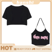 hanshi [2023 new HOT FASHION] lazlook ชุดสองชิ้นเสื้อกั๊กคาร์ดิแกนแขนสั้นพิมพ์ลายแฟชั่นสำหรับผู้หญิงฤดูร้อน