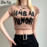 Zhu Xia พิมพ์ลายตัวอักษรแฟชั่น,ความคมชัดของสี,เปิดรับสะดือ,เสื้อยืดสั้น,Cewek Seksi,เซ็กซี่เอวด้านบน