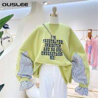 [Qinqin clothing]OUSLEE ผู้หญิงเสื้อยืดฤดูใบไม้ร่วงฤดูหนาวขนาดใหญ่ BF สไตล์กระเป๋าเย็บปะติดปะต่อกันพิมพ์สบายๆครึ่งซิปเสื้อสวมหัว P Ullovers BF สไตล์