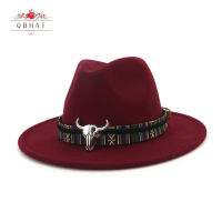 QBHAT Wide Brim Cowboy Fedora Hats Bull Head Decor Men Women Wool Felt Trilby Gambler Hats Jazz Panama Caps 60 CM