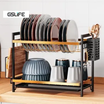 GSlife Dish Drying Rack, Rust-Resistant 2 Tier Dish Rack with Drainboard,  Dish Drainer Utensil Holder & Cup Holder Set for Kitchen Counter, Black