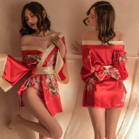 Japanese Kimono Women Sexy Cosplay Uniform Flower Print Bow Belt Black White Traditional Style Costumes Pajamas Perspective