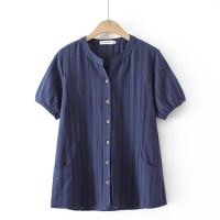 【มีไซส์ใหญ่】Plus Size V-neck Full Cotton Summer Tops Women Short Sleeve Button Up A-line Blouses Oversized Simple Blusas