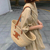 Raffia กระเป๋า Tote แบบทอทอกระเป๋าชายหาดกลางแจ้งสไตล์โรแมนติก,Bag28ไหล่ฤดูร้อนสำหรับผู้หญิง * 28ซม. ของแท้