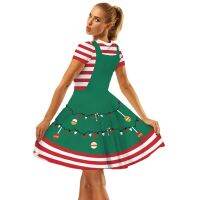 Spot parcel post2021 Independent Station Cross-Border Hot Selling Striped Digital Printing Christmas Style Dress Temperament Waist-Controlled Knee-Length Swing Skirt