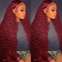 【jw】◕▫✉ 99J Wig Burgandy Curly Frontal Human Hair Wigs 13x6 Front Transparent Deep 13x4 Colored Glueless