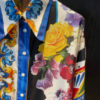 AELESEEN High Quality Twill Silk Sicilian Blouse Spring Autumn Runway Fashion Long Lantern Sleeve Porcelian Flower Printed Shirt