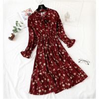 Bow pleated casual dress long sleeve chiffon Floral dress