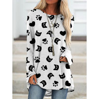 Cat Midi Long Sleeve T-Shirt for Women Clothing 2021 Autumn New Fashion Crew Neck Casual Loose Top Tee Oversize Pullover Tunic