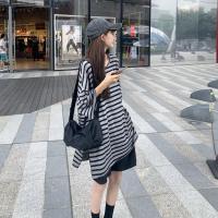 COD dsdgfhgfsdsss 【40-150kg】Womens Plus Size Striped T-shirt Oversized Korean Style Classic Striped Big Size Tee Round Neck Short Sleeves Big Loose Grey Stripe Tee Summer Maternity Pregnancy Casual Loose Fit Tops For Chubby Ladies