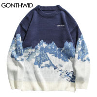 GONTHWID Snow Mountain Knitted Jumper Sweaters Streetwear Mens Hip Hop Harajuku Pullover Knitwear Tops Fashion Outwear Male