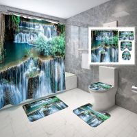 Natural Landscape Shower Curtain Set Jungle Waterfall Green Plants 4 Pcs Shower Curtain Bathroom Non-Slip Bath Mat Toilet Cover