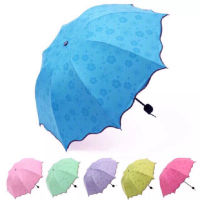 【Cw】 Ladiessunshine Umbrella Blossoms In Water Changes Color Parasol Triple Fold Black Rubber Sunscreen Rain and Sun Umbrellas 【hot】