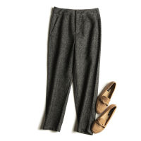 SuyaDream Woman Winter Pants 30.6Wool Ankle-Length High Waisted Twill Woolen Chic Trousers Charcoal Khaki