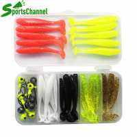 Sportschannel 40ชิ้น/ล็อต Soft Fishing Lure Kit Jig Head Hook T Tail กระโปรงเหยื่อ Tackle Box