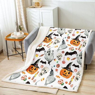 （in stock）Halloween pattern childrens wool blanket pumpkin lamp watercolor plush ghost blanket sofa bed skeleton sofa children（Can send pictures for customization）