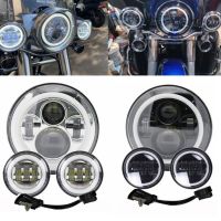 Motorcycle 7 inch Moto LED Headlight for Harley bike with 4-1/2 quot;4.5 quot; LED Passing Lamps Fog Lights amp; 7 quot;Bracket Mounting Ring