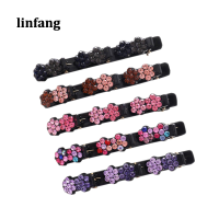 Linfang 5ชิ้นประกายคริสตัลหินถักคลิปผมสามดอกไม้ด้านกิ๊บ