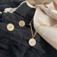 [COD] necklace 925 earrings collarbone chain pendant mother-of-pearl round plate 2020 new explosion retro