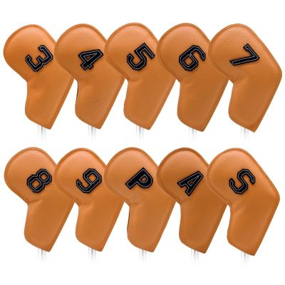 ✑♂► Golf Iron Head Covers 10pcs Oil Edge Golf Club Headcovers Wedge Head Covers สีน้ำตาล