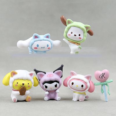 Ns3 โมเดลตุ๊กตาฟิกเกอร์ Sanrio Cat Kuromi Melody Cinnamoroll Pochacco Purin ของเล่นสําหรับเด็ก 6 ชิ้น