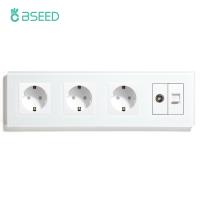 [HOT GELLXKOWOIGHIO 527] BSEED Triple Power Socket พร้อม PC TV Outlet สี่เฟรมแก้วอินเทอร์เน็ต CAT5โทรทัศน์ซ็อกเก็ตผนัง110-250V EU Standard