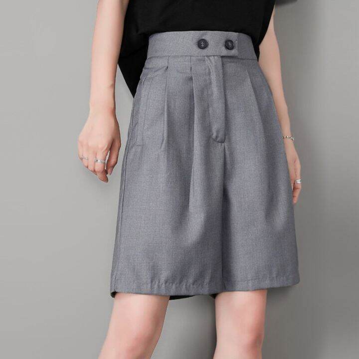 Women's Suit Shorts Korean Knee High Waist Casual Loose Straight Pants