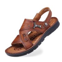 Mens Sandals Genuine Cow Leather Soft Non-Slip Beach Sandals Slippers Wear-Resistant Dual-Purpose Sandals Big Size 46 Size 47