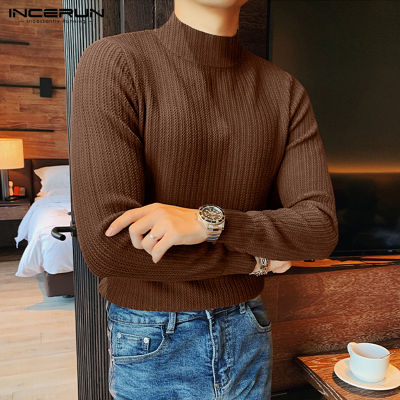 INCERUN เสื้อสเวตเตอร์อบอุ่นคอสูงแขนยาวสำหรับผู้ชายสวมใส่สบายเสื้อยืดเสื้อสวมหัวสำหรับฤดูหนาว (สไตล์เกาหลี)