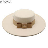 2022 Autumn Winter French Ladies White Bownot Flat Top Fedora Hat 10CM Brim Banquet Elegant Felt Hat Wedding Dress Cap