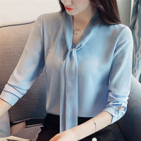 Fashion Women Blouses Blue Chiffon Blouse Shirt Bow Collar Office Blouse Women Tops Female Long Sleeve Women Shirts Blusas A975