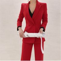 COD ผู้หญิงชุดธุรกิจ Pantsuits Pantsuit 2 PCS สีแดง สำนักงานอย่างเป็นทางการสุภาพสตรีทำงาน ชุด Custom Lapel Blazer MadeS Peak