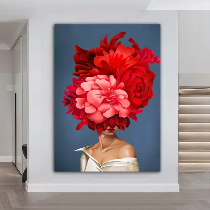 Woman With Flower Head Canvas Painting White Roses and WomanHoliday ...