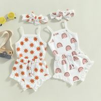 Baby Girl Summer Rompers Set Sun/ Rainbow Print Waffle Sleeveless Jumpsuit and Casual Ruffle Shorts Headband  by Hs2023