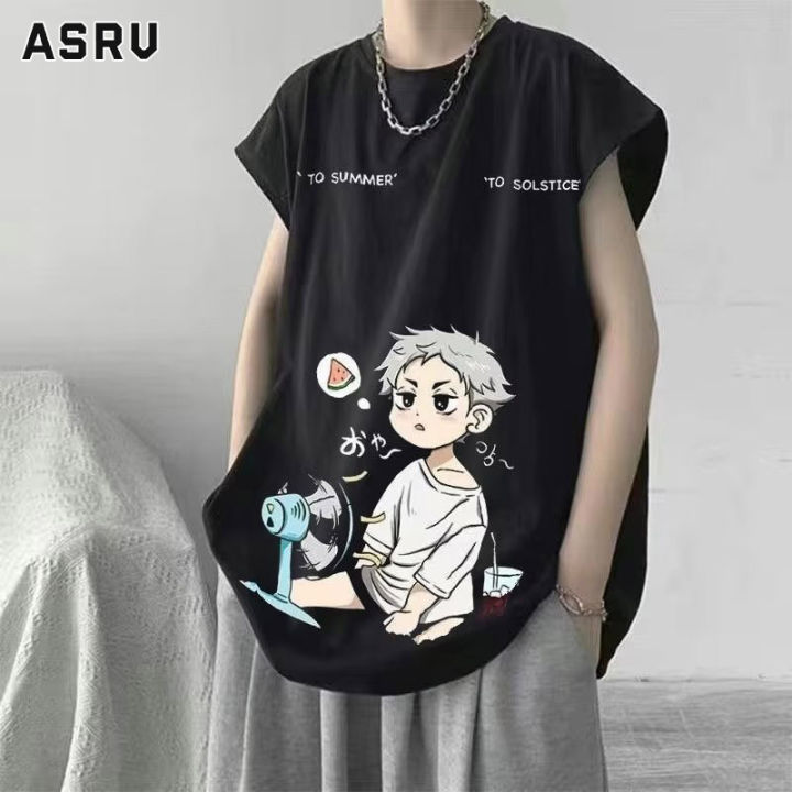 asrv-เสื้อยืดผู้ชาย-เสื้อกล้ามชาย-เสื้อแขนกุดชาย-เสื้อกล้ามกีฬาคอกลมหลวมของผู้ชายพิมพ์ลายการ์ตูนเสื้อยืดลำลองแขนกุด