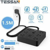 TESSAN 1.5M/3M Extension Cord Flat Plug Power Strip with USB C , Extension Socket Plug Extension USB Adapter Multi Plug Phone Charger with 6 Widely Spaced Outlets and 3 USB Ports , Built-in 1700J Surge Protector for Home and Office Accessories