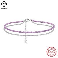 Rinntin 925 Sterling Silver Layered Ball Chain Amethyst Anklets for Women Fashion Ankle Chain Bracelet Barefoot Jewelry SA45